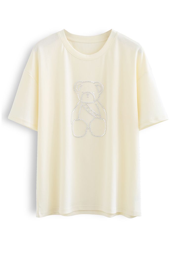 Beaded Teddy Bear T-Shirt in Light Yellow