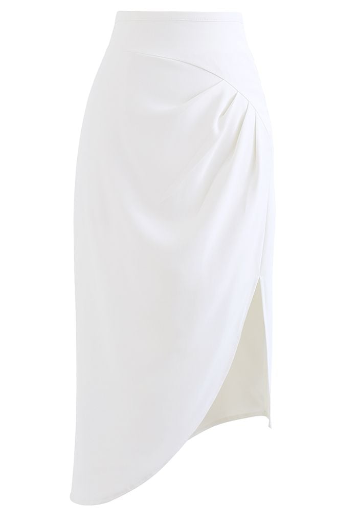 Side Ruched Asymmetric Pencil Skirt in White