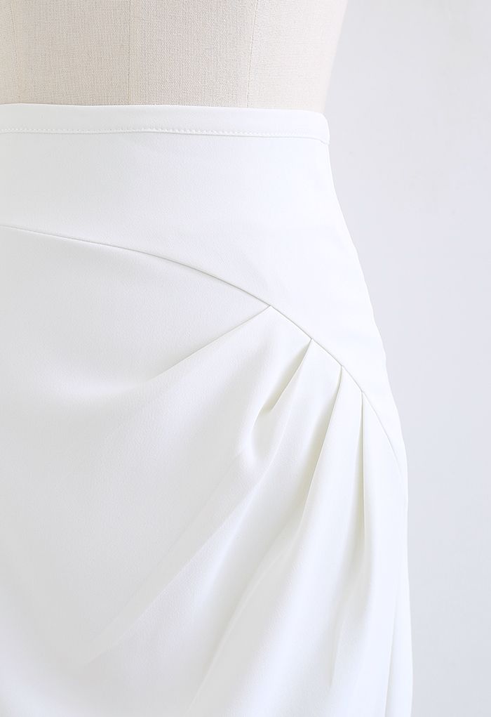 Side Ruched Asymmetric Pencil Skirt in White