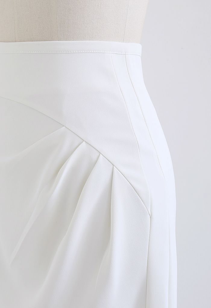 Side Ruched Asymmetric Pencil Skirt in White