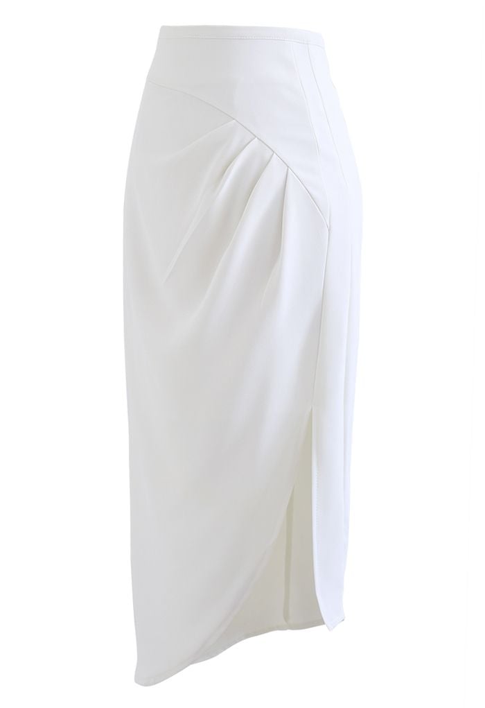 Side Ruched Asymmetric Pencil Skirt in White