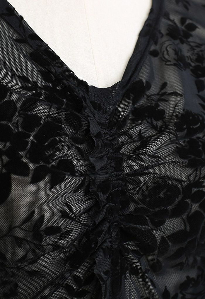 Velvet Rose Asymmetric V-Neck Mesh Top in Black