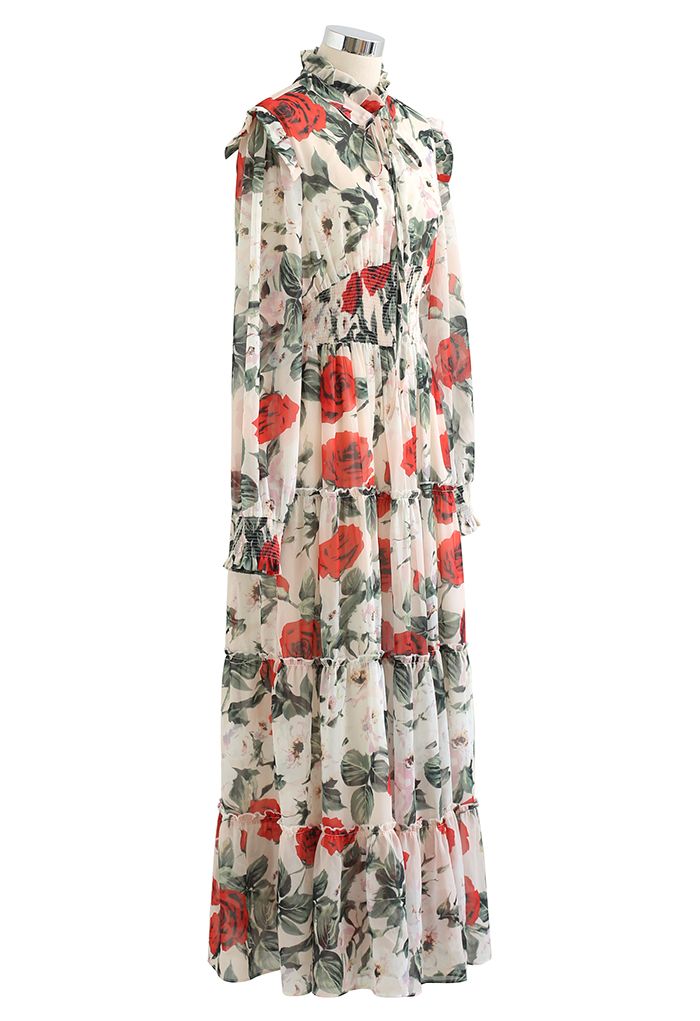 Stunning Red Rose Tie Neck Maxi Dress - Retro, Indie and Unique Fashion