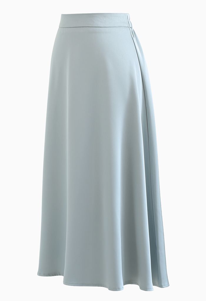 Glossy Airy Satin Midi Skirt in Blue
