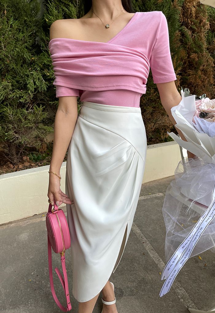 Side Ruched Asymmetric Pencil Skirt in White