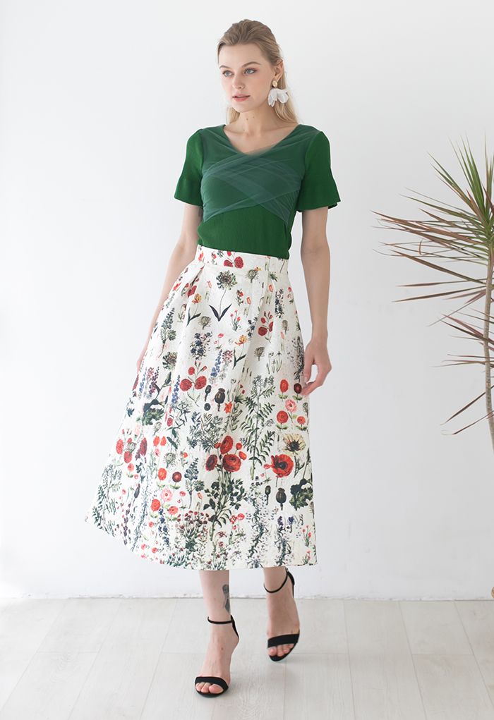 Multi Floral Print Embossed Midi Skirt