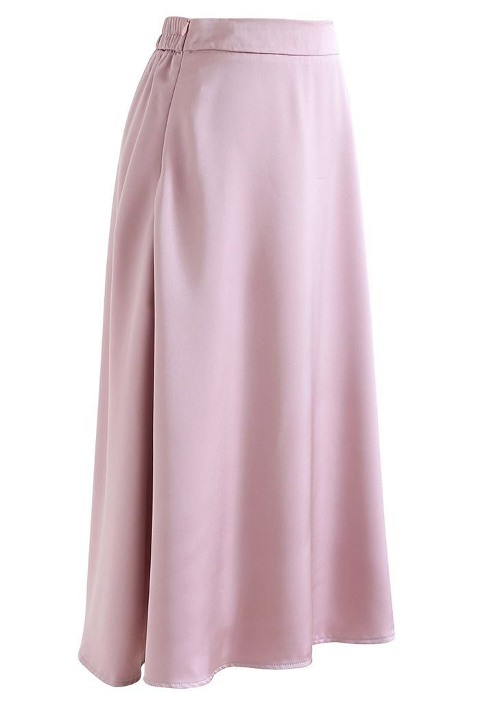Glossy Airy Satin Midi Skirt in Pink