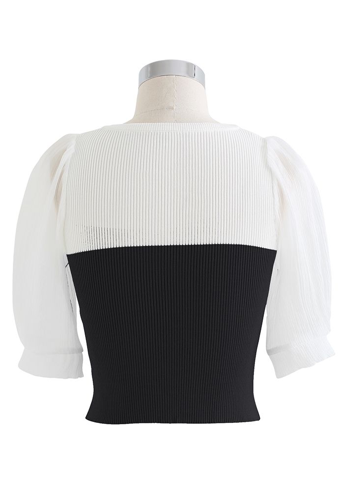 Twisted Front Spliced Fitted Knit Top in Black