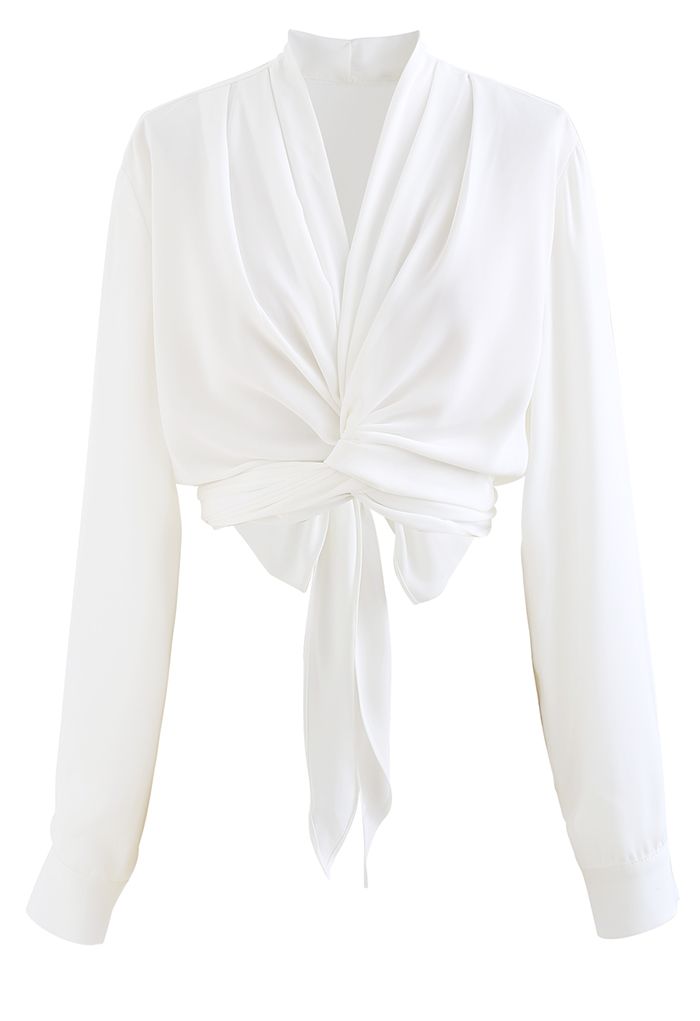 Crisscross Tie-Bow Satin Top in White - Retro, Indie and Unique Fashion