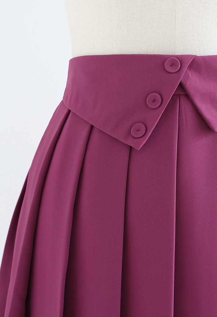 Buttoned Folded Waist Pleated Mini Skirt in Magenta
