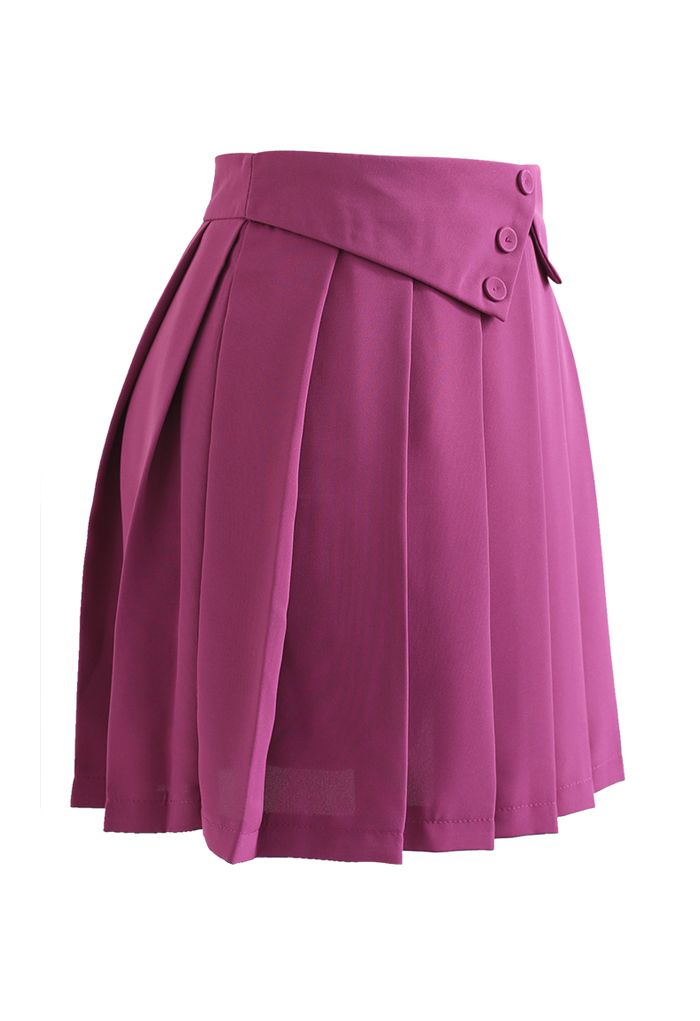 Buttoned Folded Waist Pleated Mini Skirt in Magenta