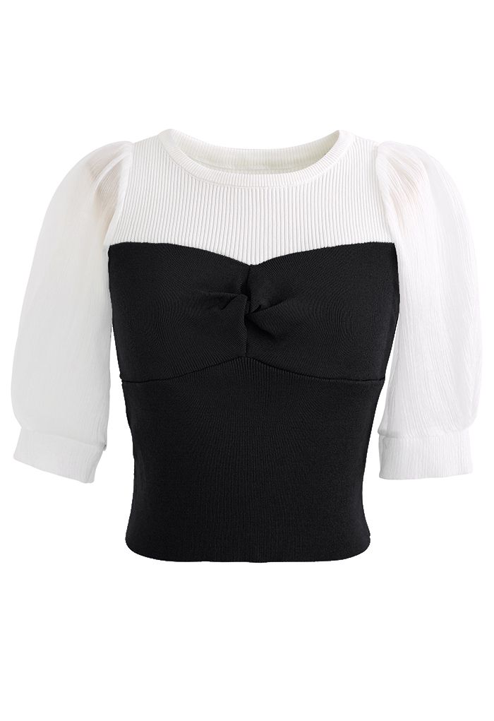 Twisted Front Spliced Fitted Knit Top in Black