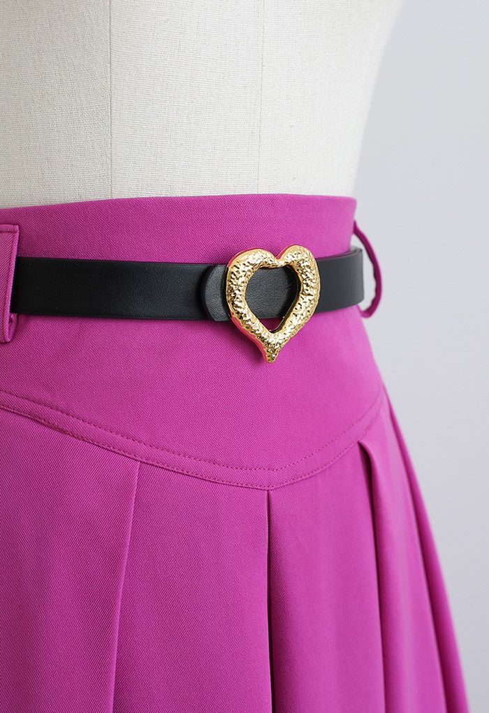 Heart Belt Pleated Pocket Midi Skirt in Magenta