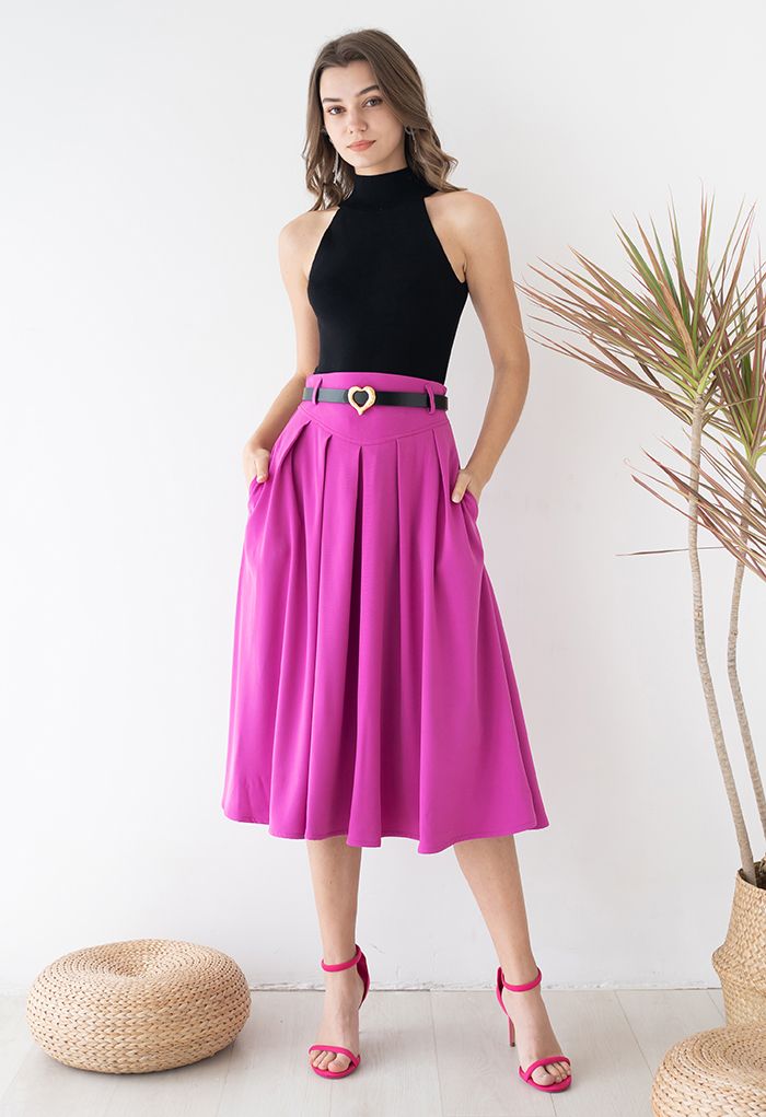 Heart Belt Pleated Pocket Midi Skirt in Magenta