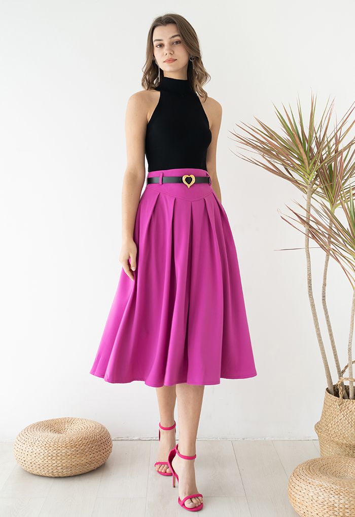 Heart Belt Pleated Pocket Midi Skirt in Magenta