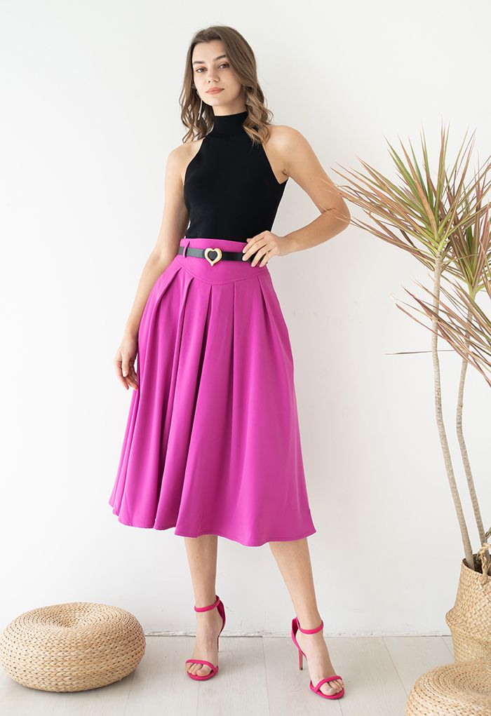 Heart Belt Pleated Pocket Midi Skirt in Magenta