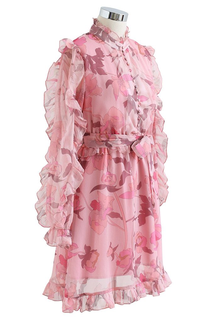 Blush Pink Floral Ruffle Belted Dress