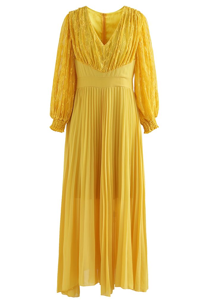 V-Neck Lace Spliced Pleated Maxi Dress in Mustard