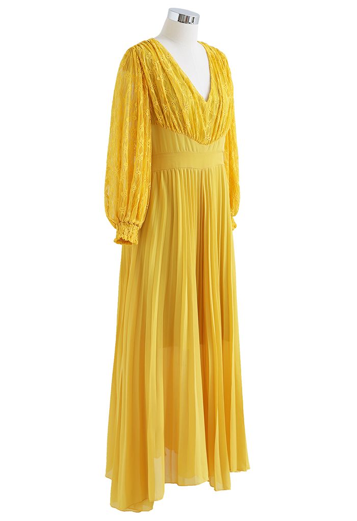 V-Neck Lace Spliced Pleated Maxi Dress in Mustard