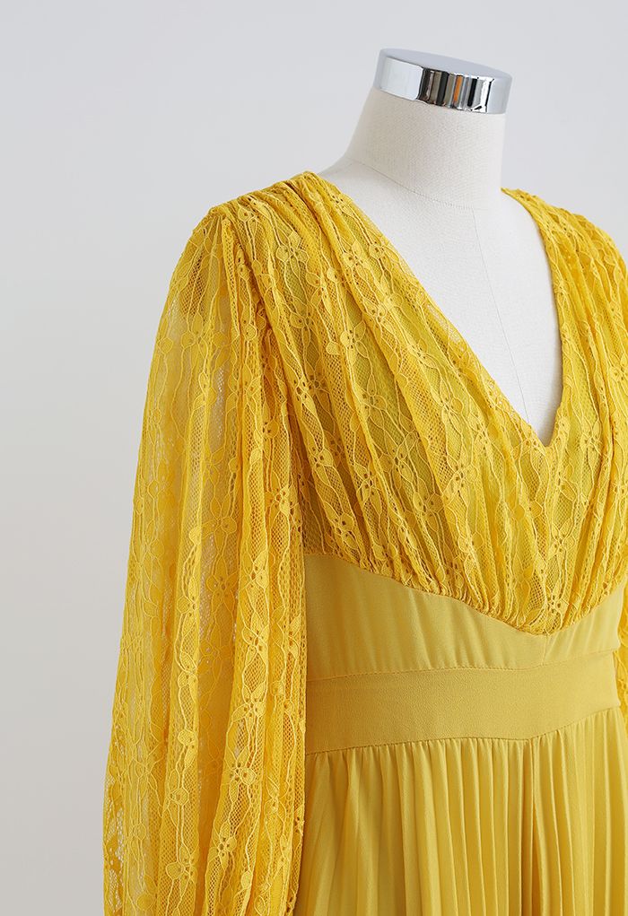 V-Neck Lace Spliced Pleated Maxi Dress in Mustard