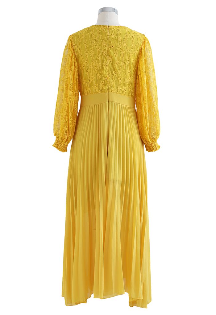 V-Neck Lace Spliced Pleated Maxi Dress in Mustard