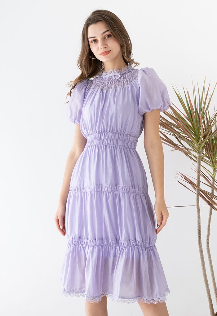 Lilac Dream Short-Sleeve Shirred Dress