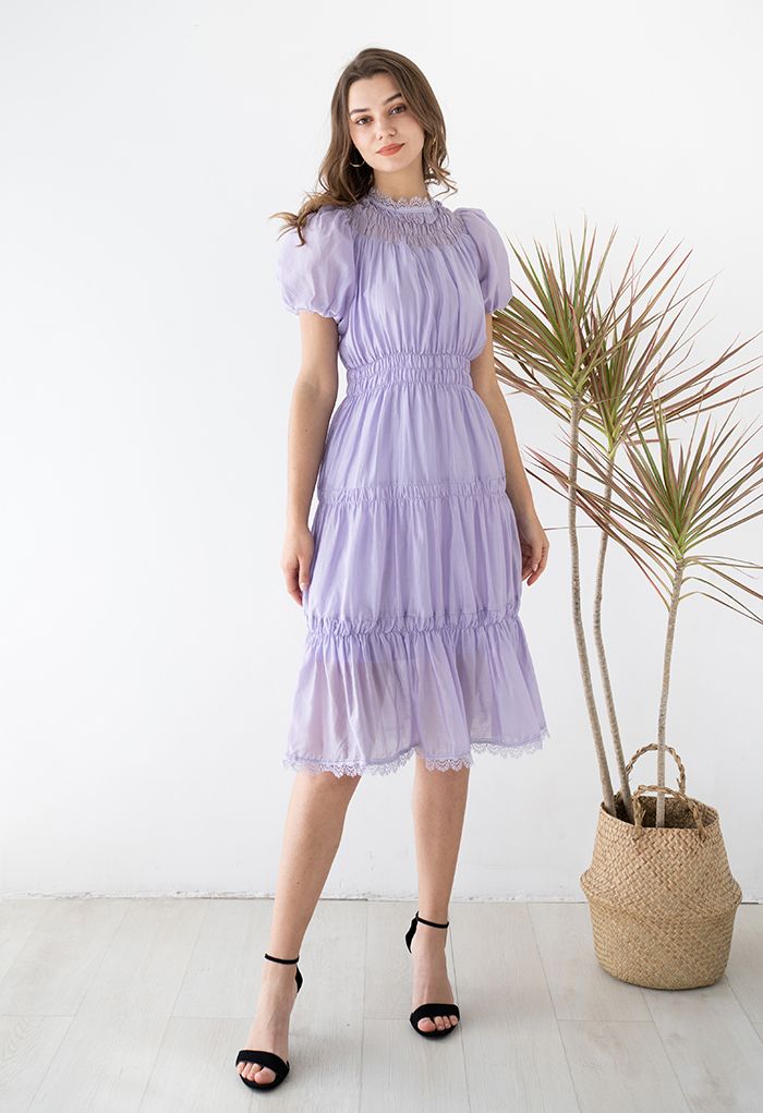 Lilac Dream Short-Sleeve Shirred Dress