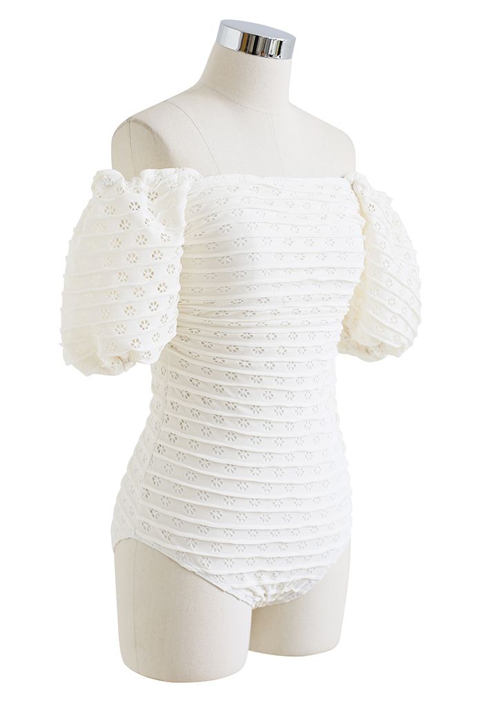 Full Floret Cutwork Off-Shoulder Swimsuit in Cream