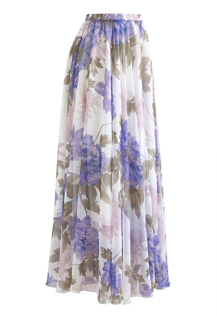 Vibrant Flower Print Chiffon Maxi Skirt in Purple