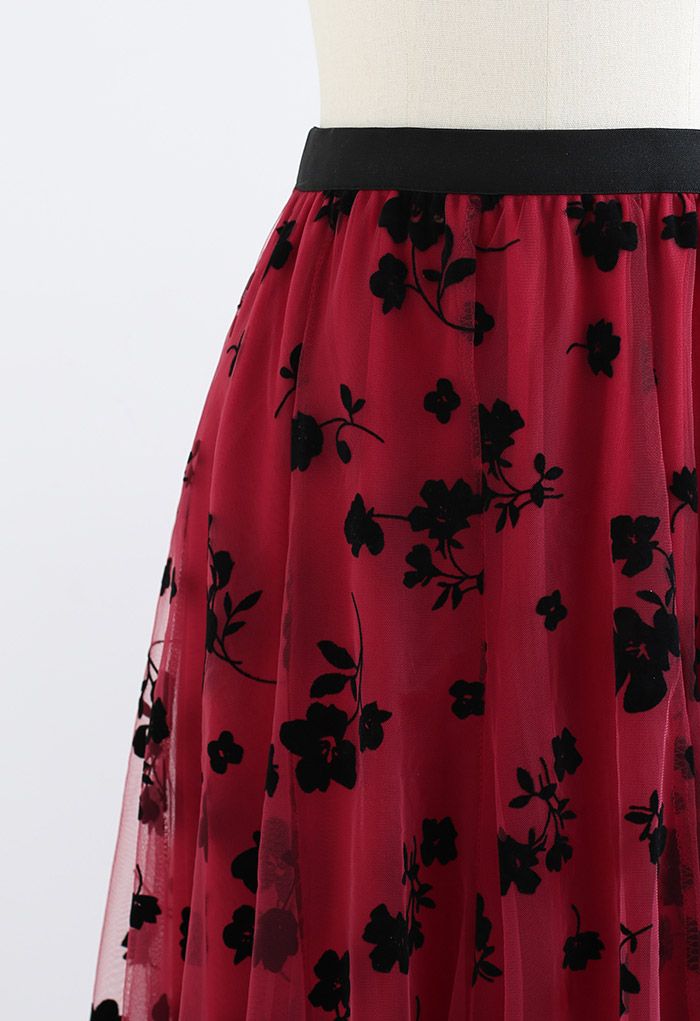 3D Posy Double-Layered Mesh Midi Skirt in Red