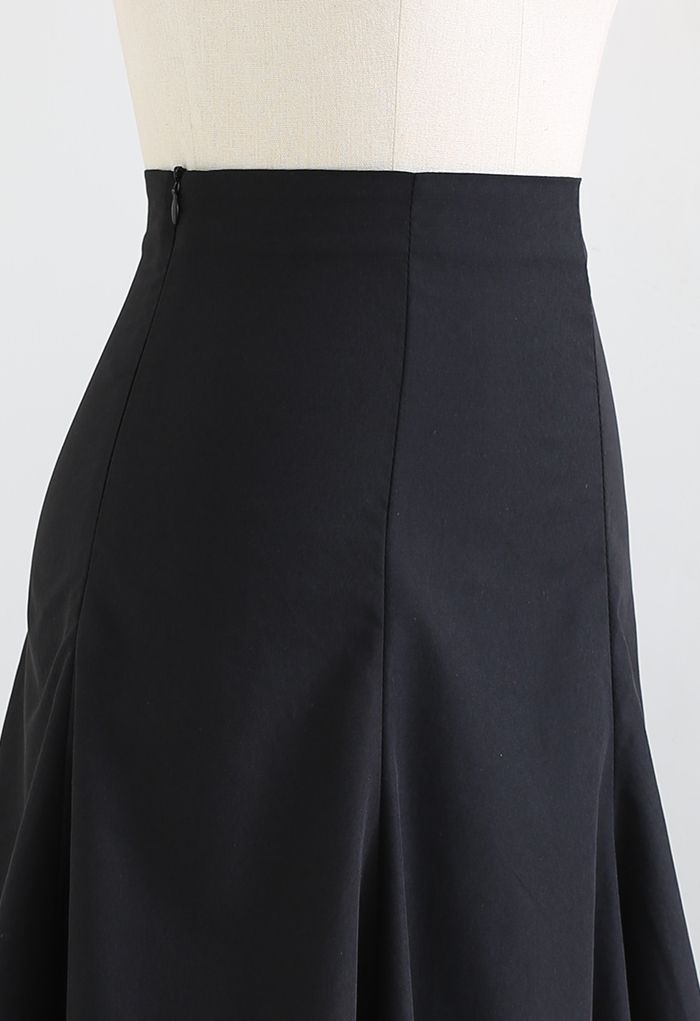Asymmetric Flare Ruffle Hem Black Midi Skirt
