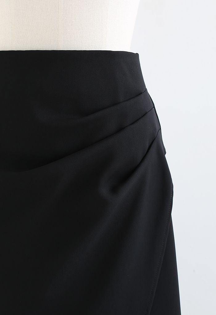 Side Ruched Flap Tulip Midi Skirt in Black
