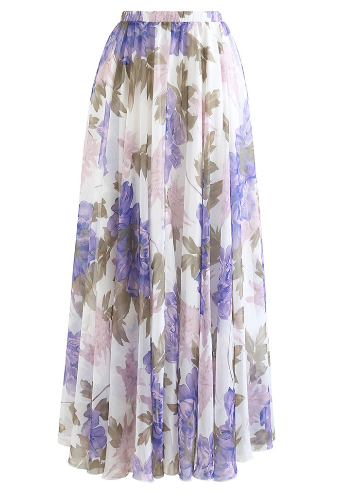 Vibrant Flower Print Chiffon Maxi Skirt in Purple