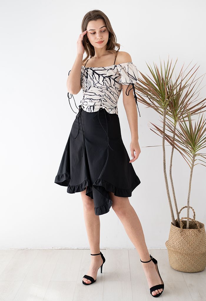 Asymmetric Flare Ruffle Hem Black Midi Skirt