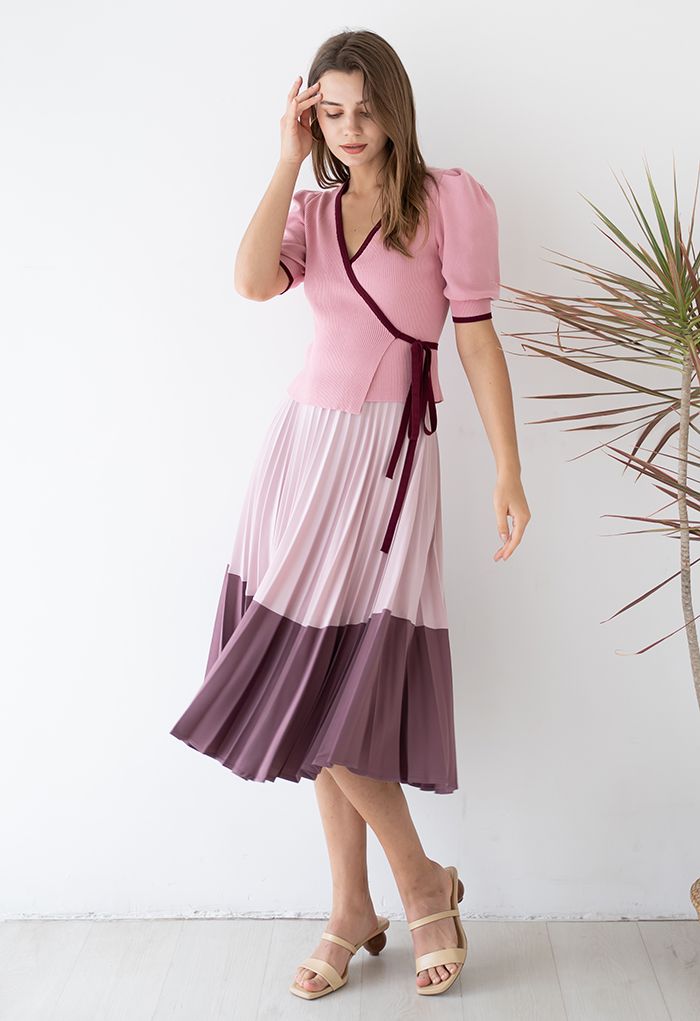 Two-Tone A-Line Pleated Skirt in Pink