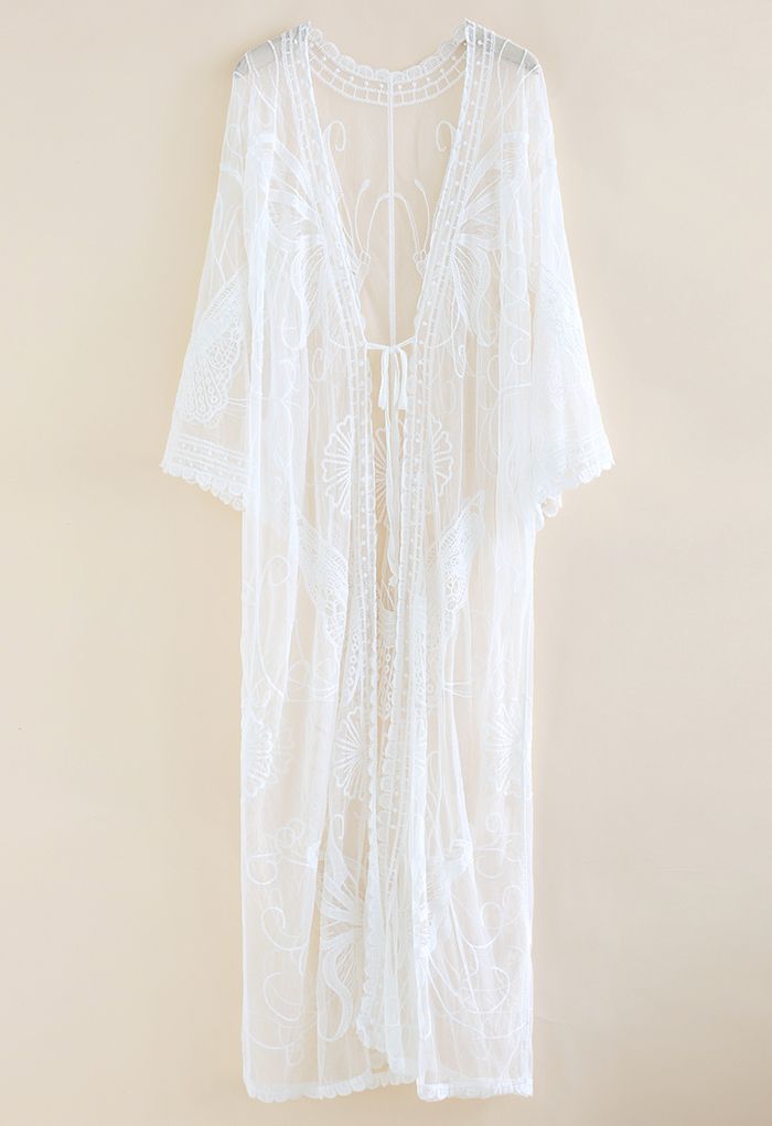 Embroidered Butterfly Self-Tie Front Kimono