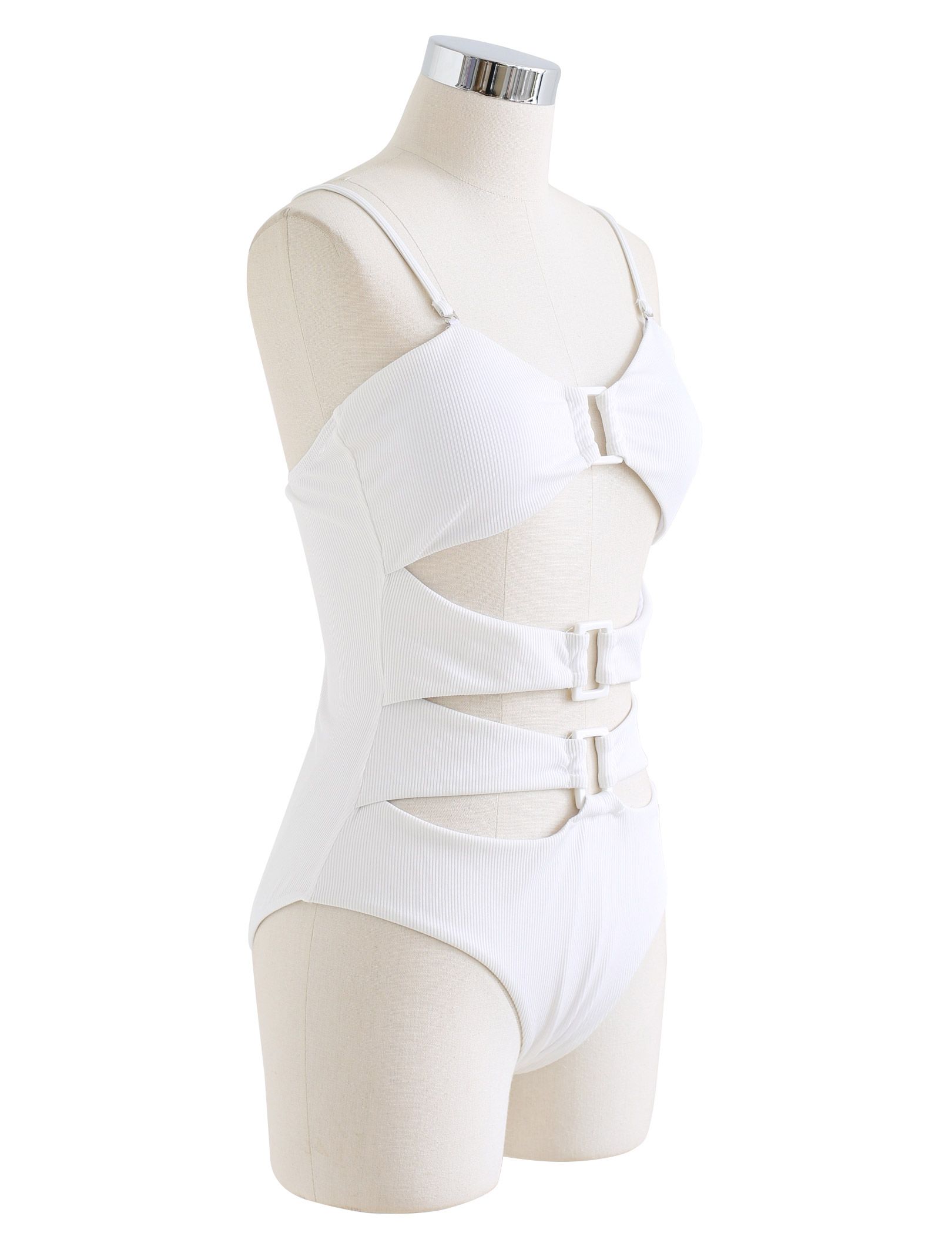 White Buckle Cutout Ribbed Swimsuit