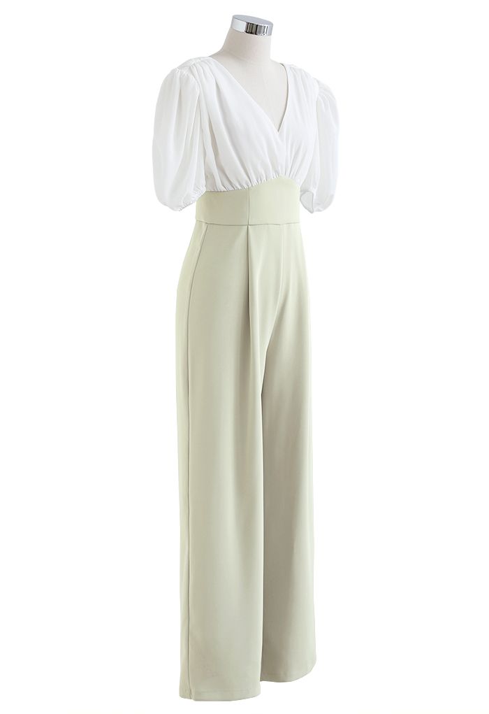 Spliced V-Neck Padded Shoulder Wide-Leg Jumpsuit in Pea Green