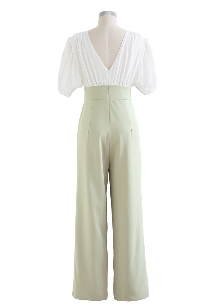 Spliced V-Neck Padded Shoulder Wide-Leg Jumpsuit in Pea Green