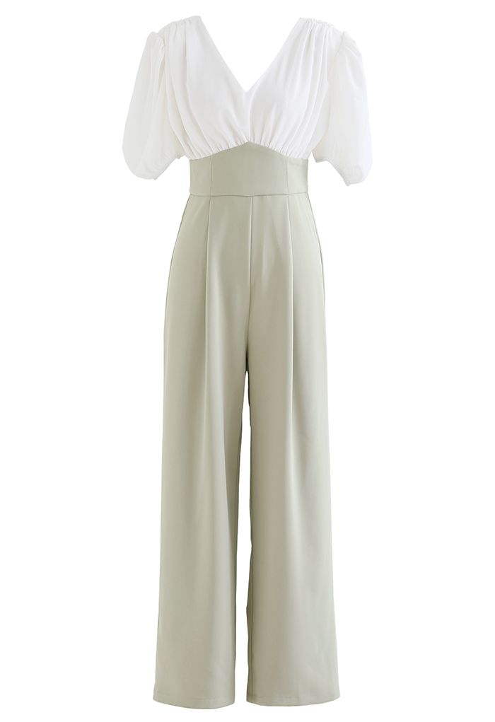 Spliced V-Neck Padded Shoulder Wide-Leg Jumpsuit in Pea Green