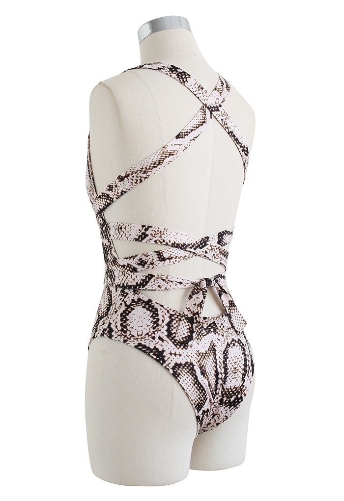 Snake Printed Lace-Up One-Piece Swimsuit