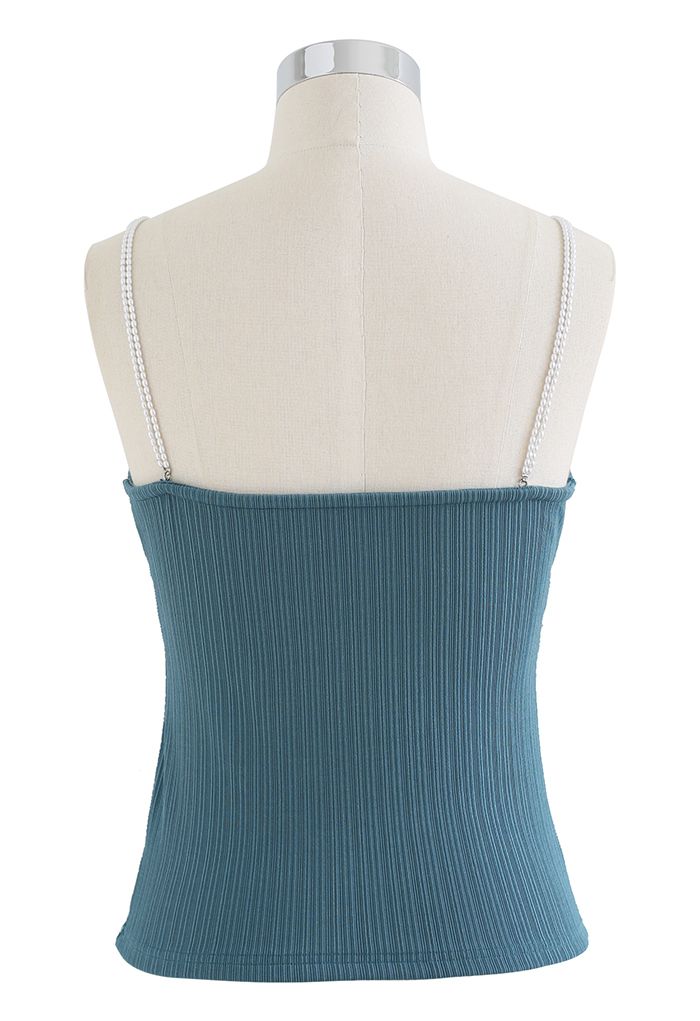 Twisted Front Pearly Straps Crop Tank Top in Blue