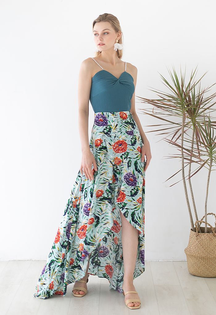 Lazy Summer Flap Front Hi-Lo Maxi Skirt in Tropical