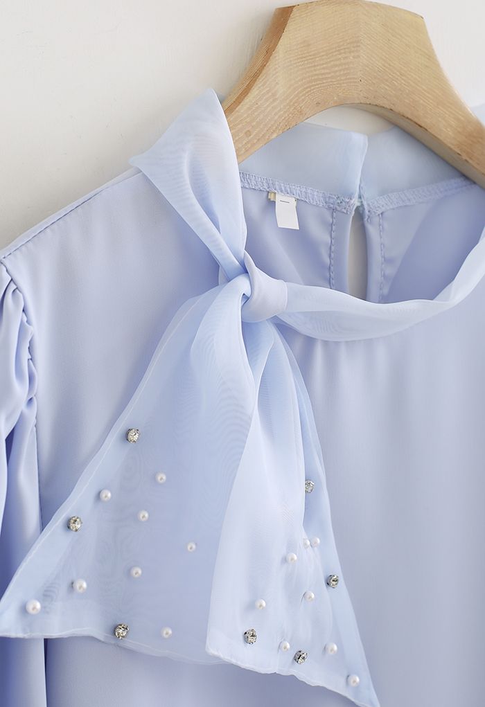 Pearly Mesh Bowknot Satin Shirt in Blue