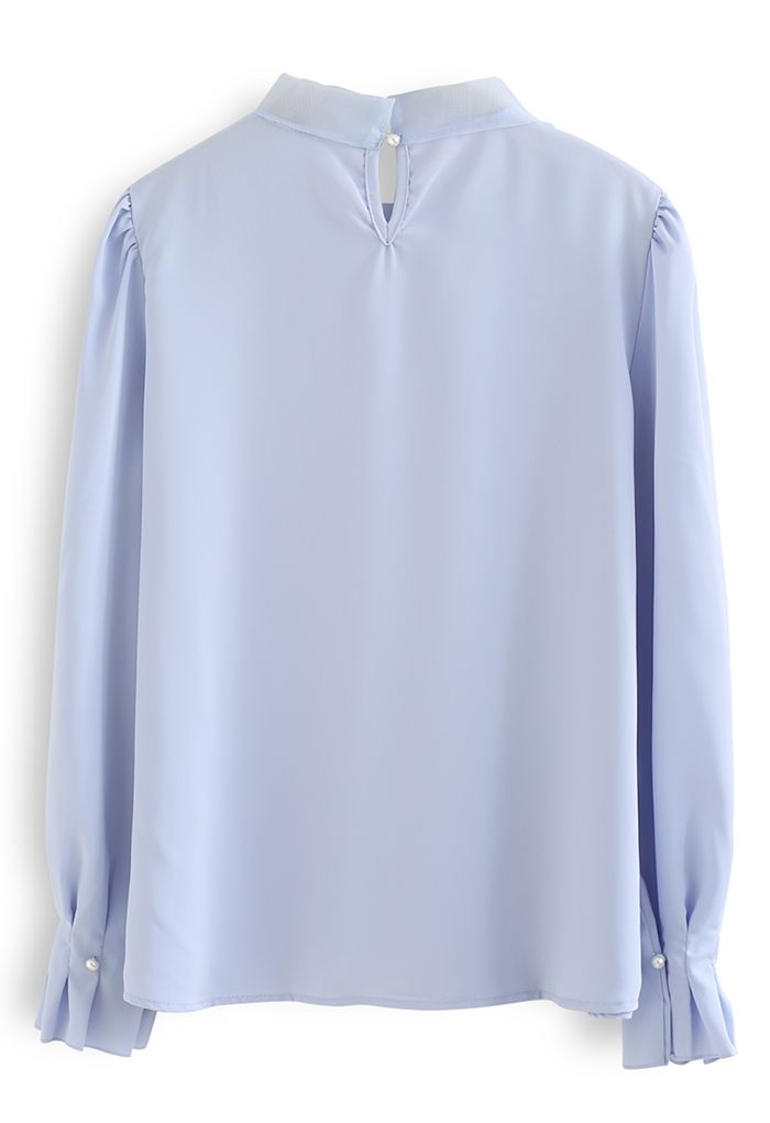 Pearly Mesh Bowknot Satin Shirt in Blue