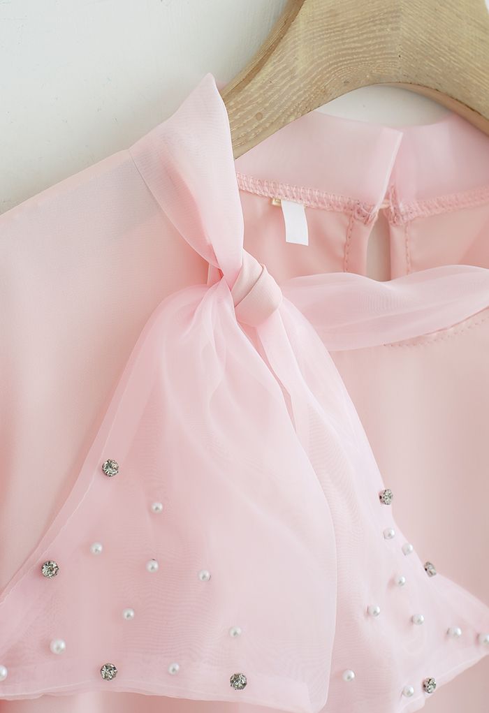 Pearly Mesh Bowknot Satin Shirt in Pink