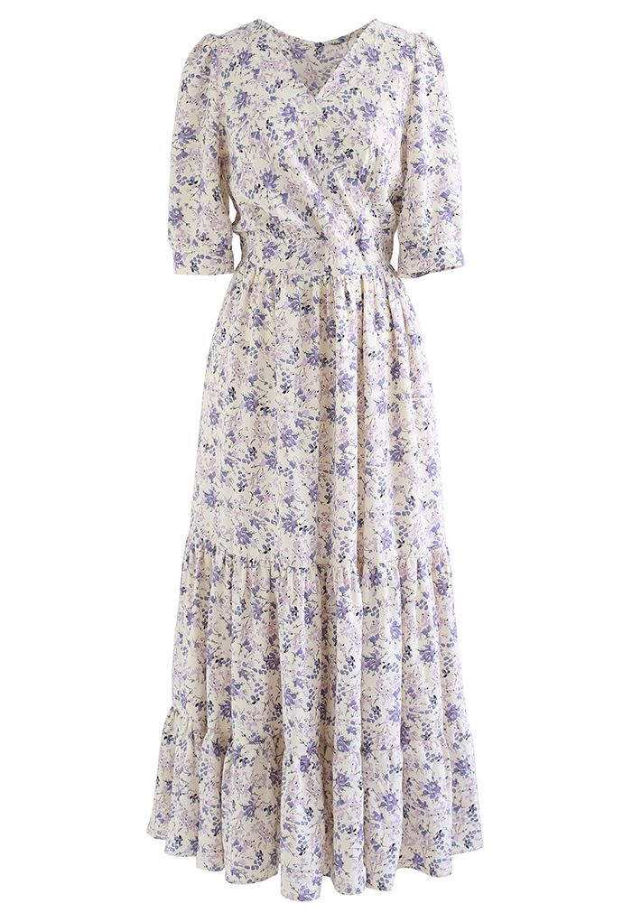 Purple Floral Frilling Wrapped Dress - Retro, Indie and Unique Fashion