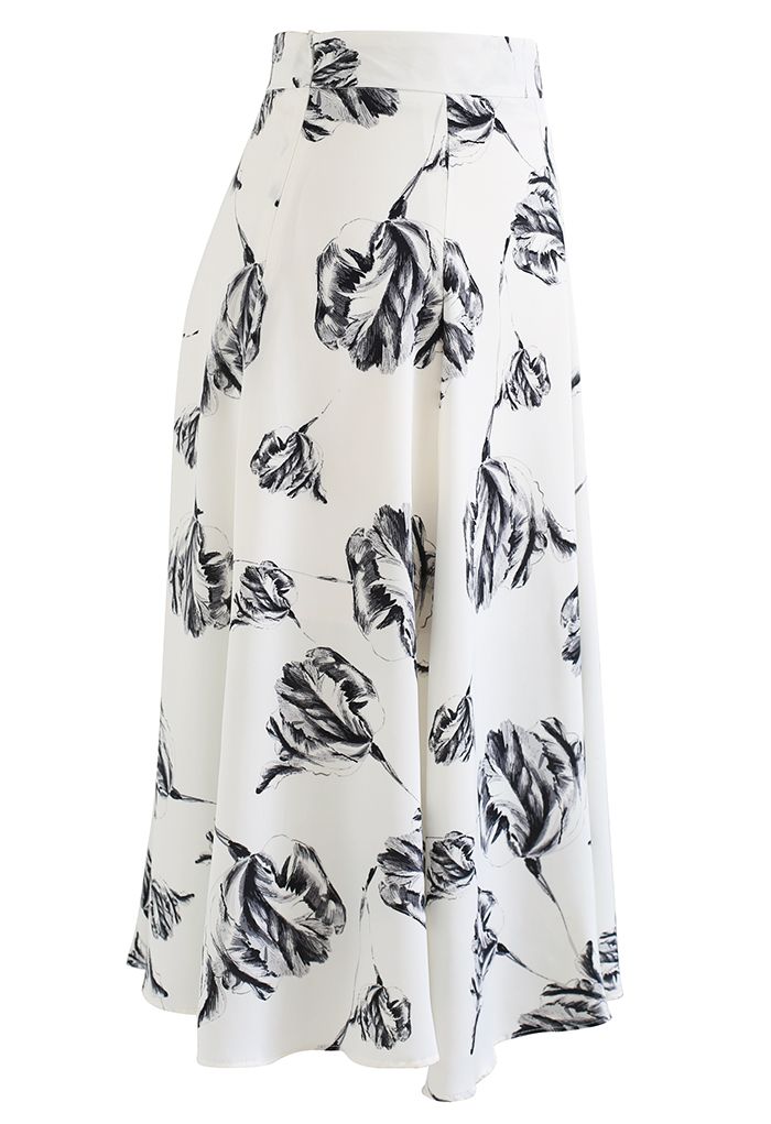 Floral Sketch Seam Detailing Flare Midi Skirt in Ivory