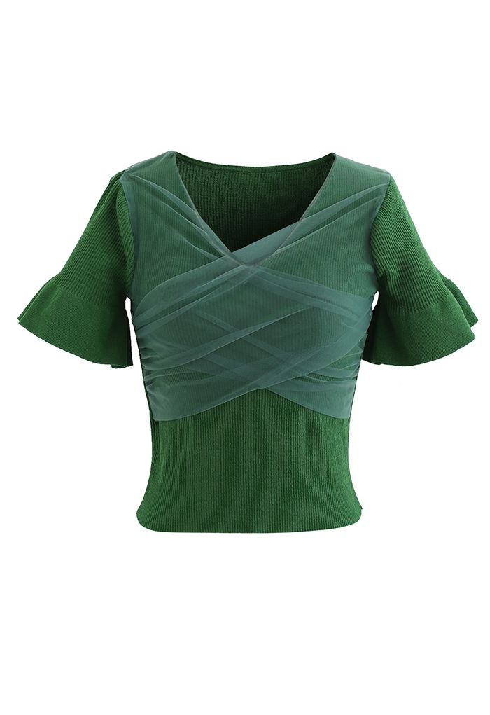 Cross Mesh Flare Cuff Crop Knit Top in Green