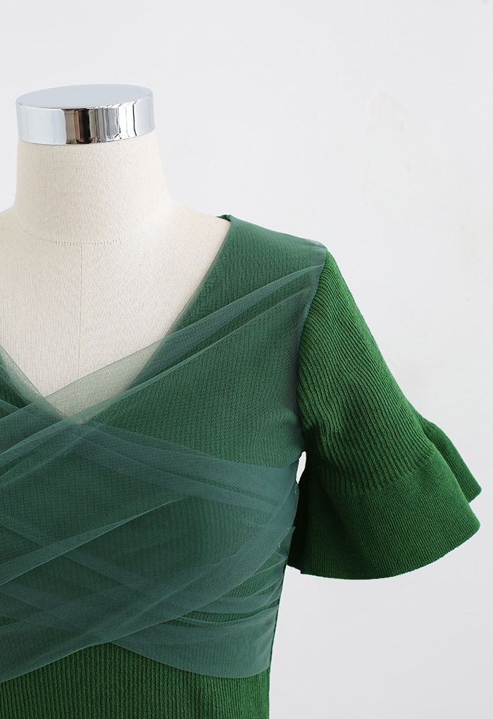 Cross Mesh Flare Cuff Crop Knit Top in Green